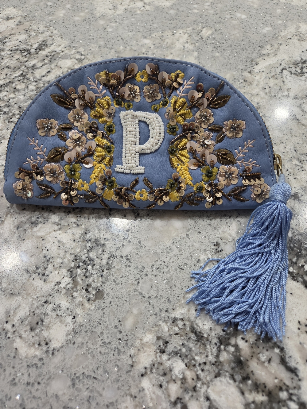 Anthropologie Light Blue Beaded Floral Monogram Cosmetic Pouch - P